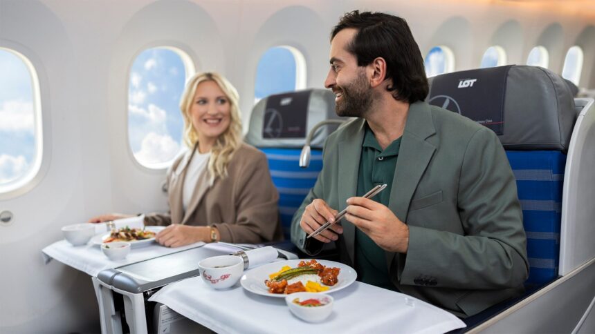 Passengers seated in LOT Polish Airlines Business Class enjoying a plated meal during a long-haul flight.