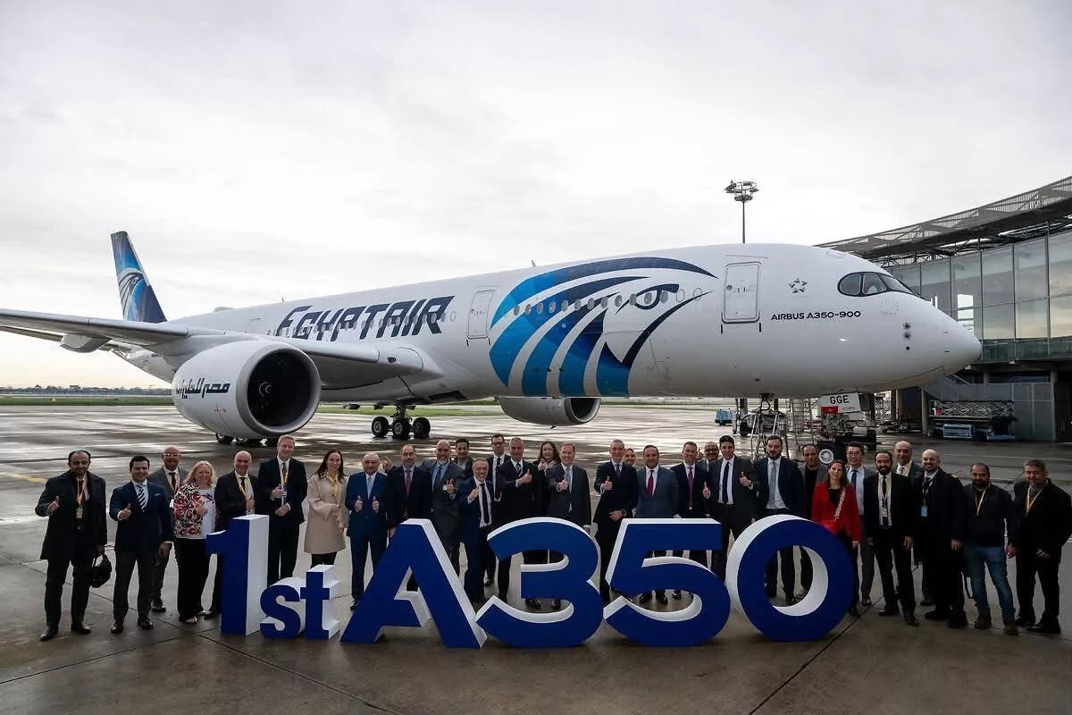 An image of the delivery ceremony for EgyptAir Airbus A350 aircraft