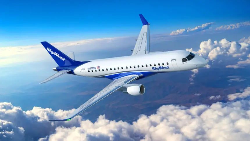 Embraer E175 SkyWest aircraft flying in the blue sky, with clouds.