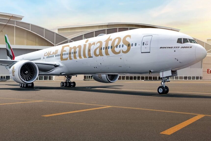 Emirates Boeing 777 on the tarmac, with the airline's name displayed in gold lettering along the fuselage