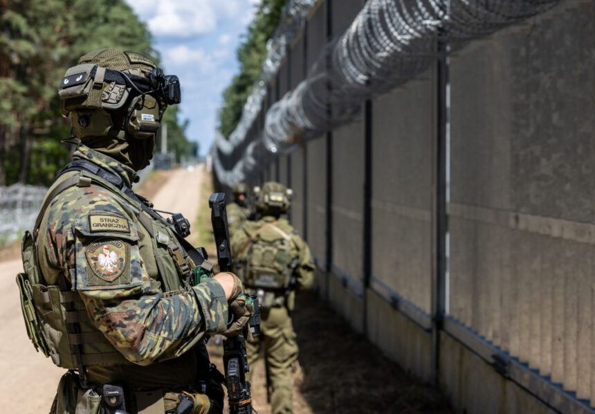 Three Polish Border Guard officers on patrol in a wooded area. The military is on high alert after repeated incidents of balloons smuggling cigarettes.