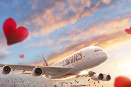 emirates aircraft, soaring, love hearts, rose petals on the ground