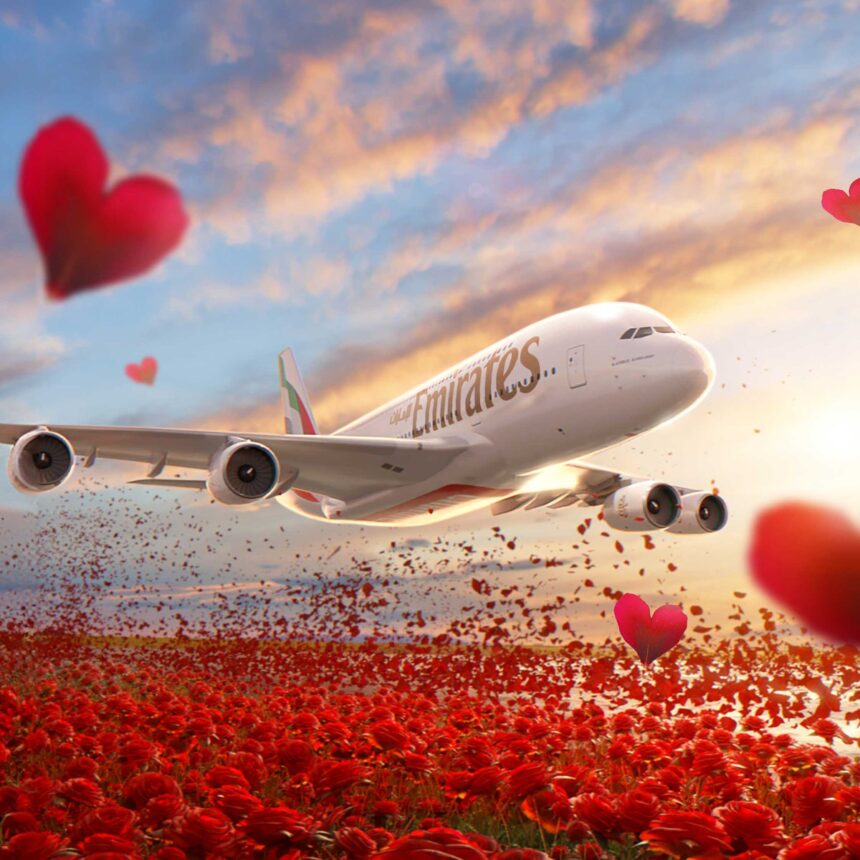 emirates aircraft, soaring, love hearts, rose petals on the ground