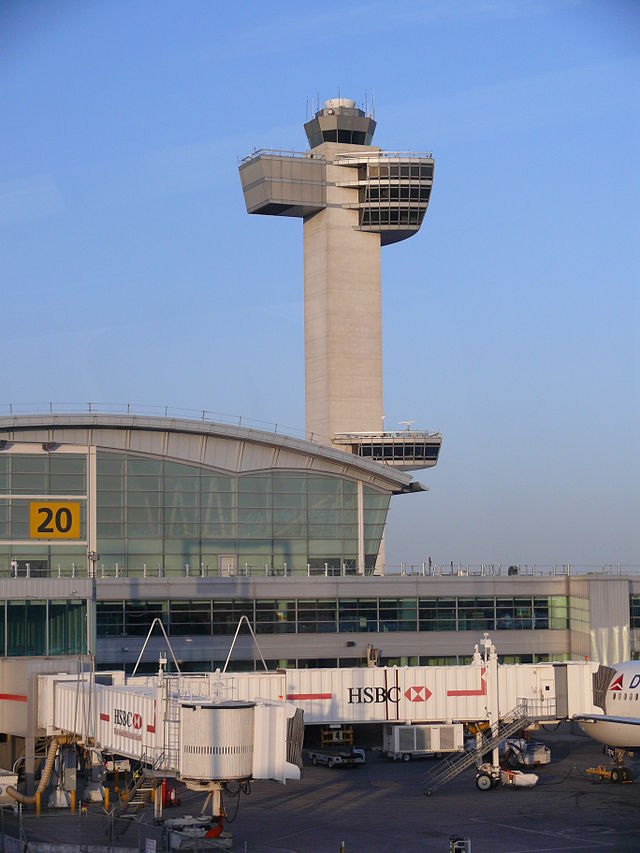 The air traffic control tower at John F. Kennedy International Airport (JFK).