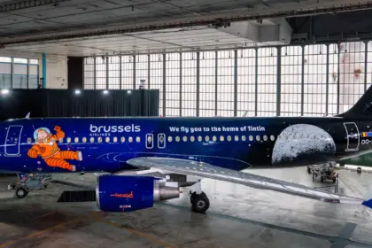 The new space-blue livery features the quote - "we fly you to the home of Tintin"