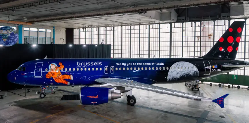 The new space-blue livery features the quote - "we fly you to the home of Tintin"