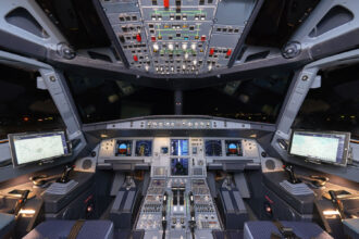 Aircraft cockpit navigation screen displaying turbulence data with colour-coded alerts.