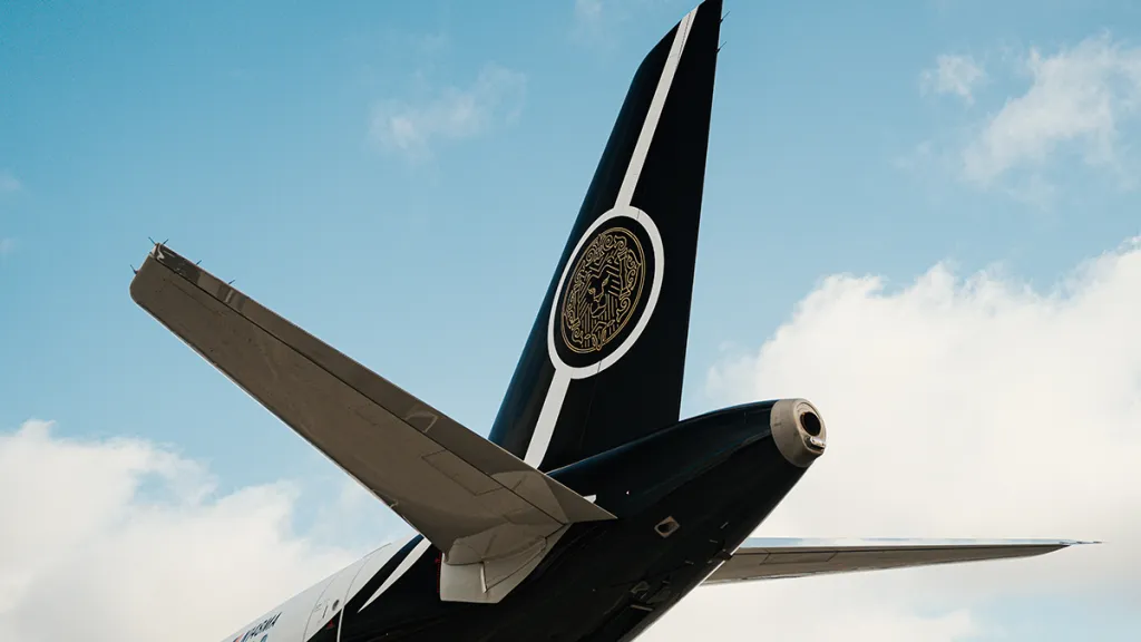 Magnifica Air livery, black and white with gold symbol on the tail, blue sky in background.