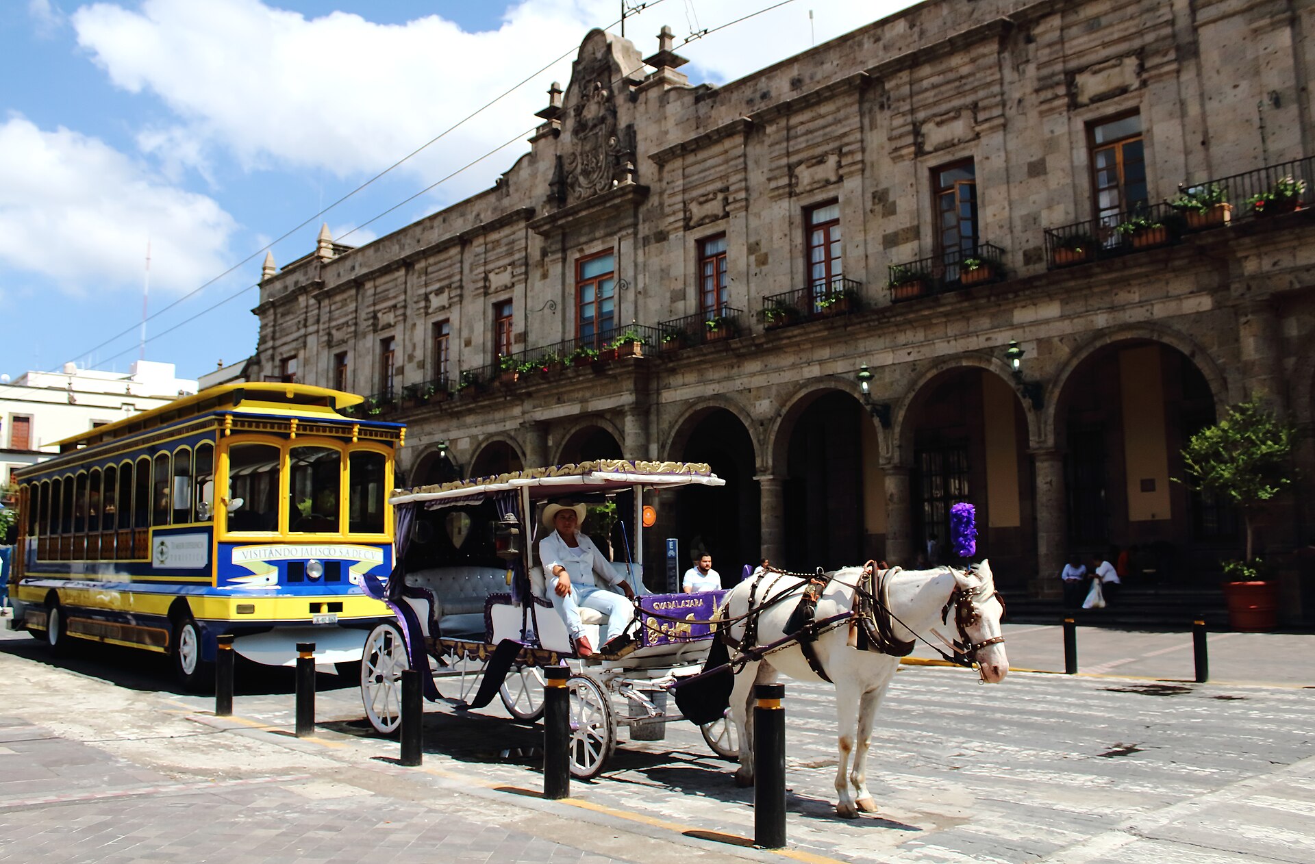A street scene in front of a large, ornate stone colonial-style building with many arched windows and balconies. In the foreground, a white horse stands harnessed to a purple and white ceremonial carriage. Behind it, a yellow and blue motorized sightseeing trolley with 