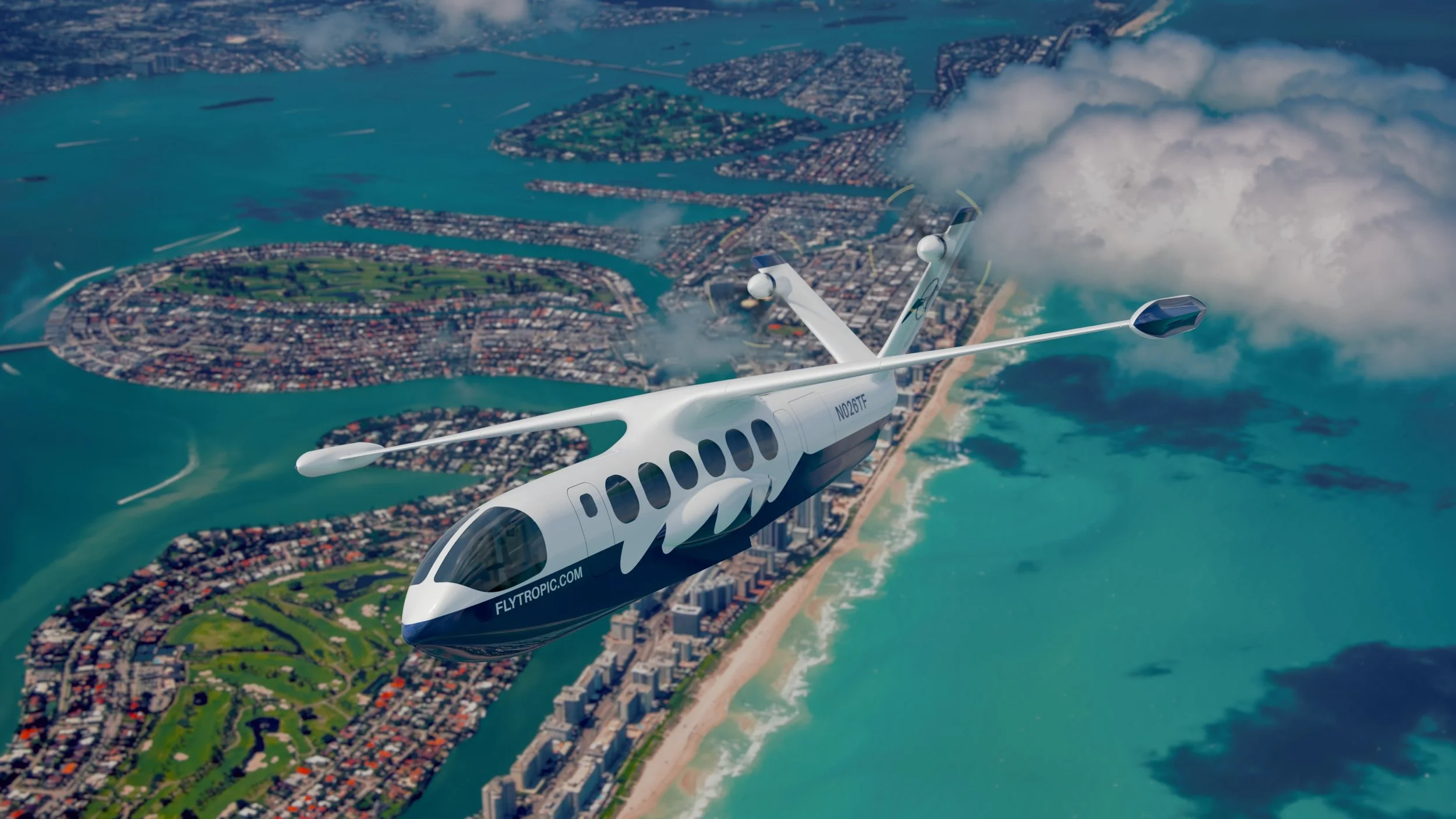 Tidal Flight aircraft flying over a city and the ocean.