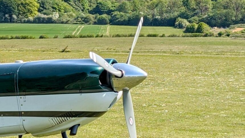 small airplane, grass in background.