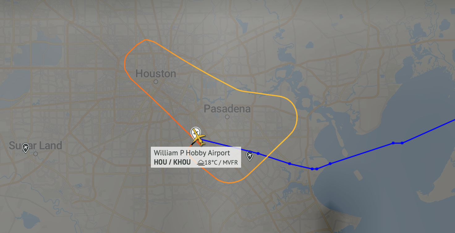 AirNav data shows the aircraft's course looping back around to return to William P. Hobby Aircraft