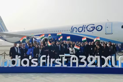 IndiGo crew in front of their first Airbus A321-XLR aircraft.