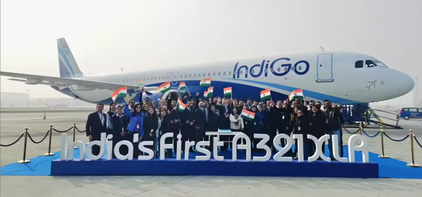 IndiGo crew in front of their first Airbus A321-XLR aircraft.