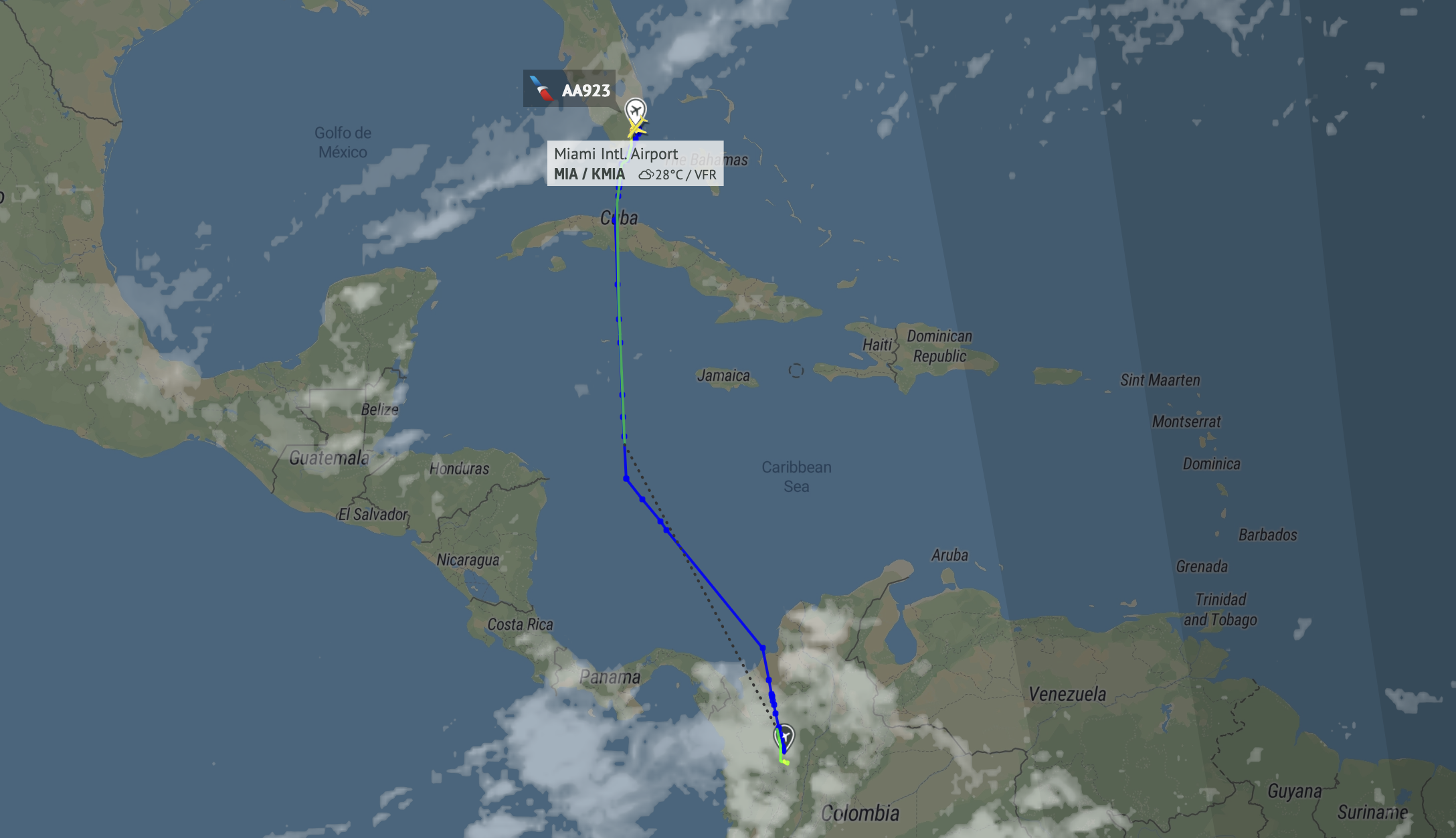 Flight tracking data reveals the aircraft following its schedule route from Florida to Colombia