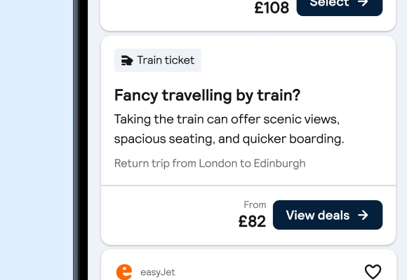 Mobile screenshot of the Skyscanner app, with a banner reading 'Fancy travelling by train?'