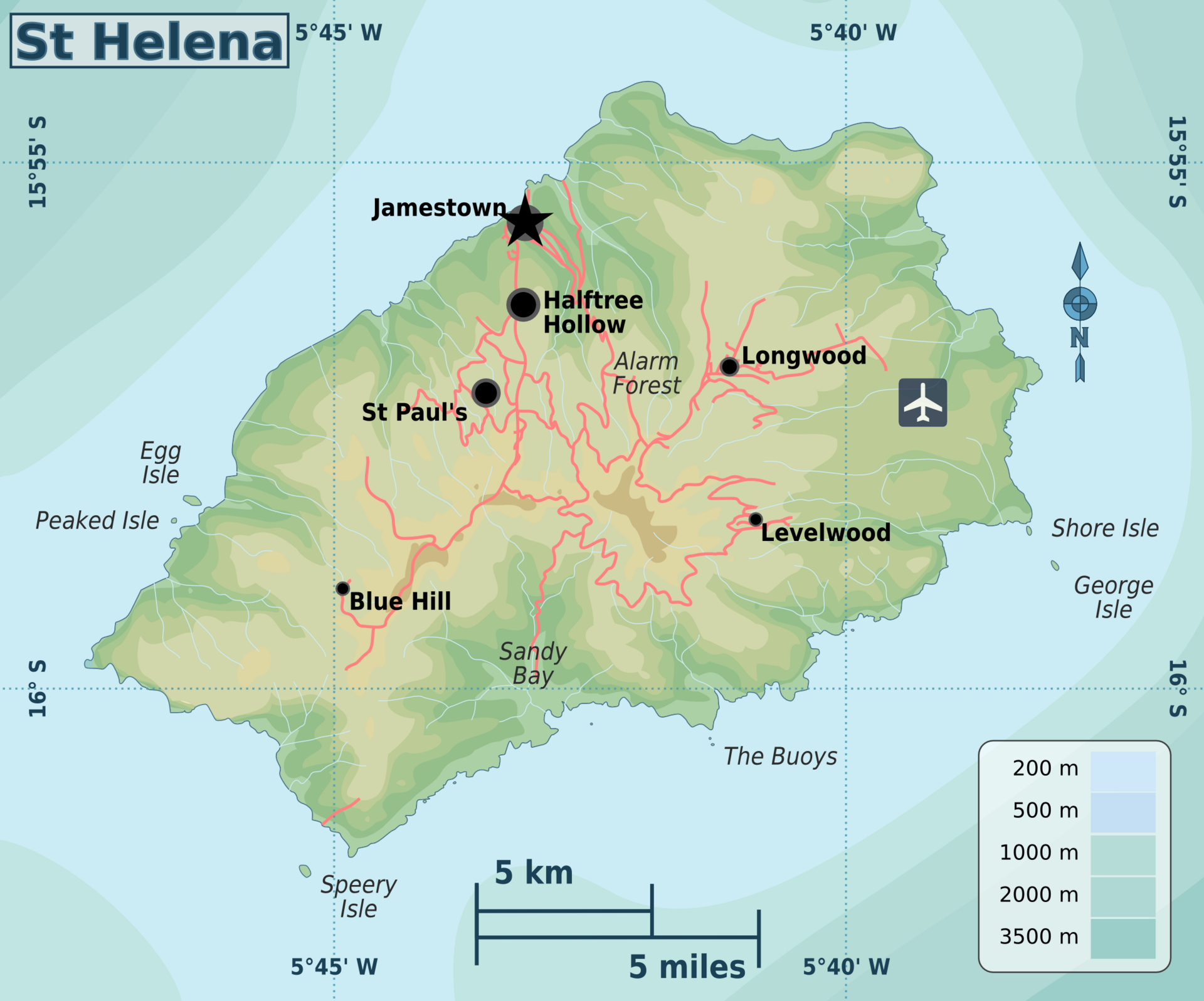 A topographic map of the island of St Helena showing various settlements and landmarks. The capital, Jamestown, is marked with a black star in the northwest. Other locations like Longwood, Levelwood, and Blue Hill are indicated with black dots connected by red road lines. An airplane icon on the eastern side of the island marks the location of St Helena Airport. The map includes a scale bar for 5 kilometers and 5 miles, along with coordinates and an elevation key.