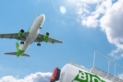 Aircraft flying above a biofuel tanker representing Australia China sustainable aviation fuel and aviation decarbonisation.