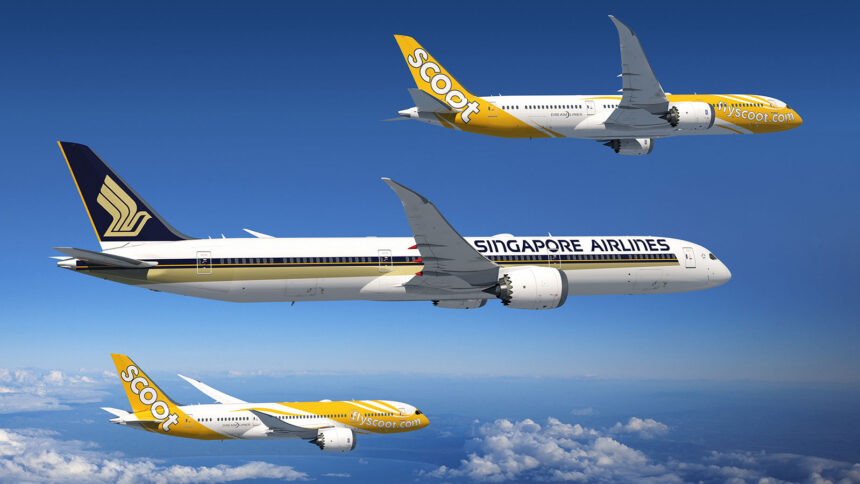 Boeing Singapore Airlines aircraft flying in the blue sky.