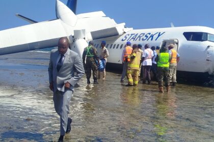 Aftermath of landing, depicting plane submerged in water on the beach.