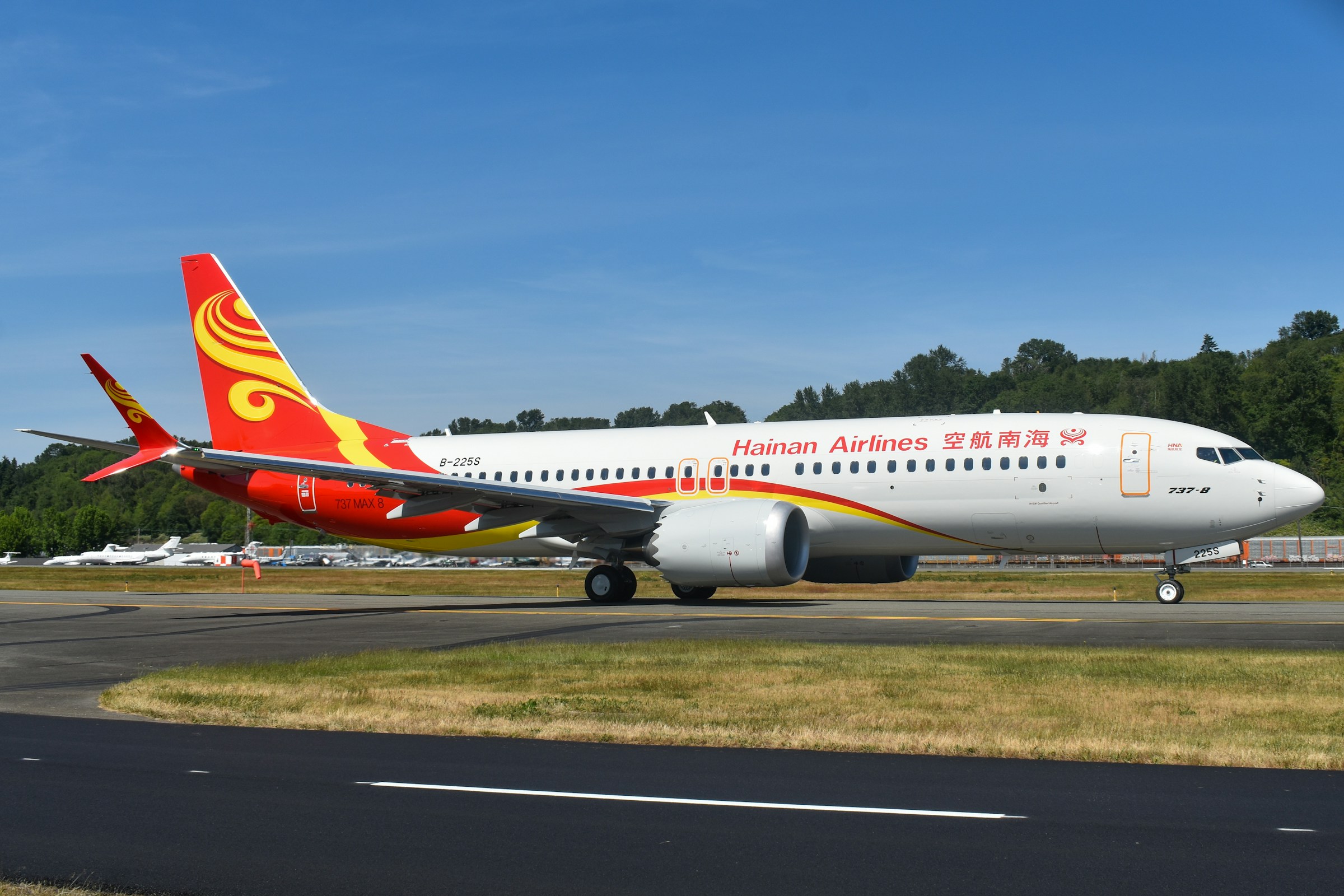 A Hainan Airlines 737 MAX 8 at Boeing Field in Seattle, Washington