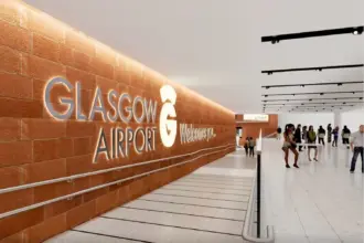 A welcome sign located inside Glasgow Airport