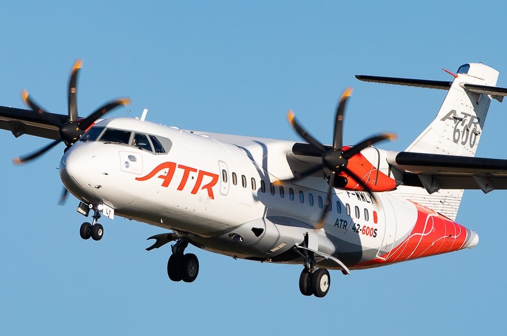 An ATR Airlines 42-600 aircraft in mid-flight.