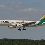 Ghana International Airlines aircraft, about to land with wheels out in place.