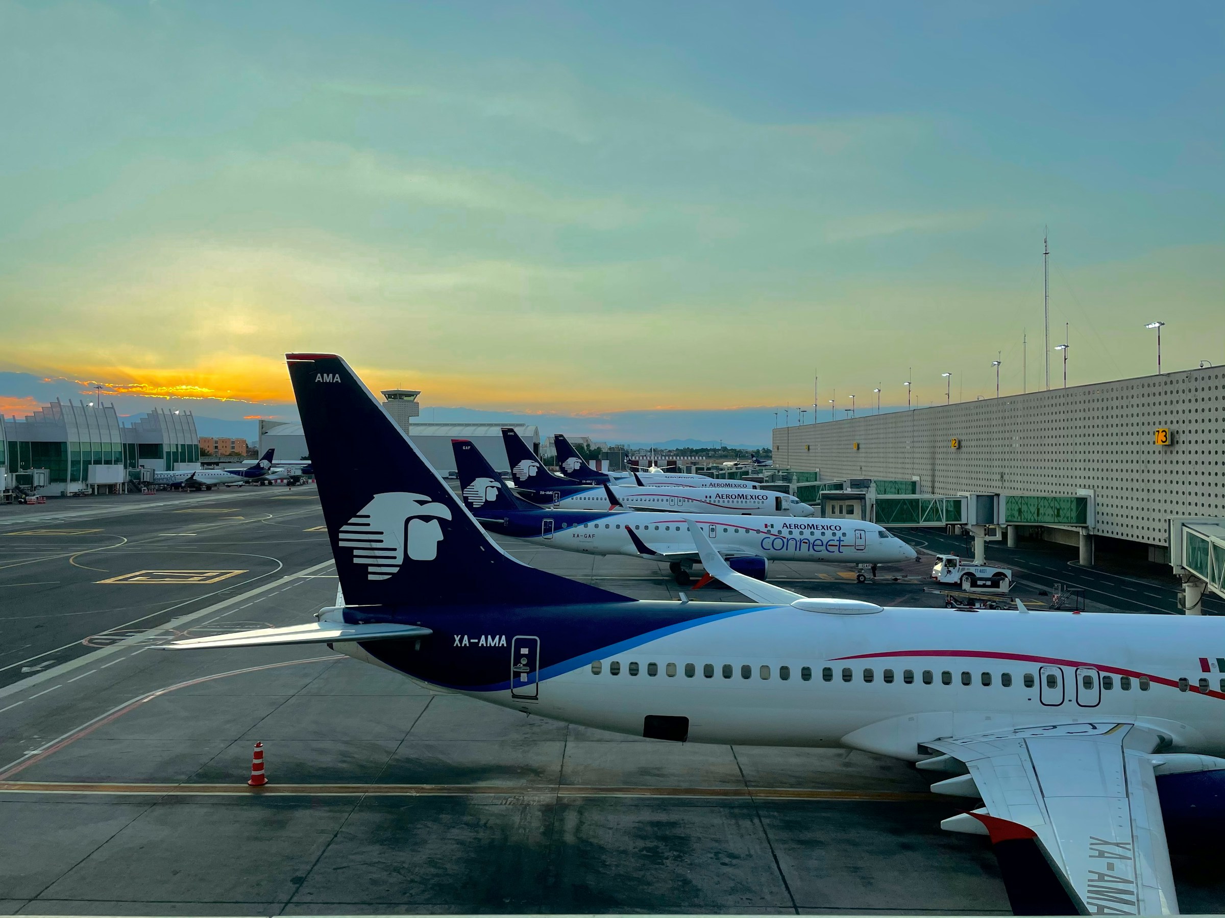 Sunset in Mexico City Airport Aeromexico airplane