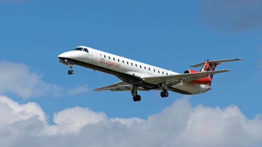 A Loganair Embraer ERJ-145EP in mid-flight.