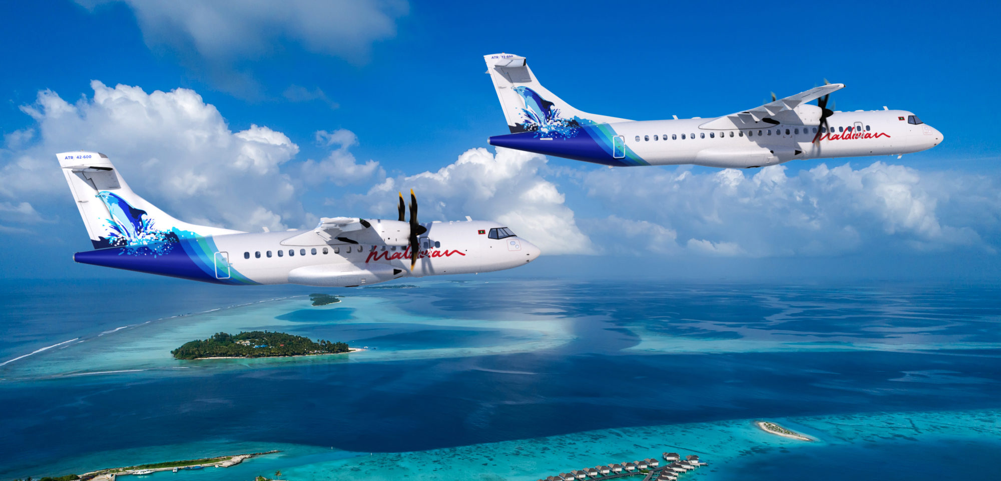 Two ATR 42-600's fly above the blue waters of the Maldivian archipelago 