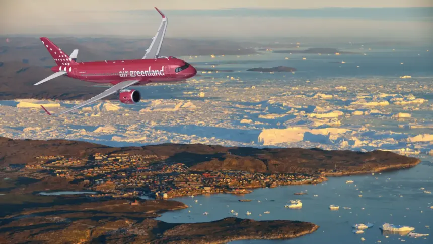 Illustrated of an Air Greenland Airbus, flying over land and water.