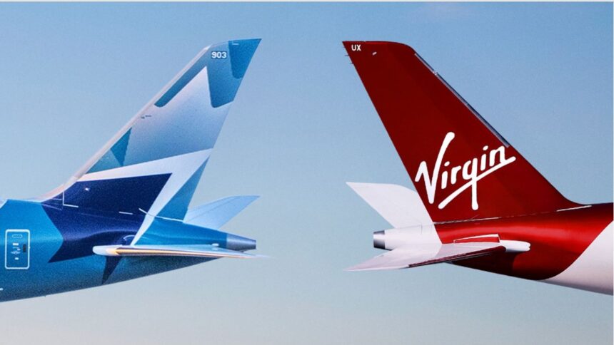 Two aircraft's tails with both Virgin Atlantic and WestJet's logos
