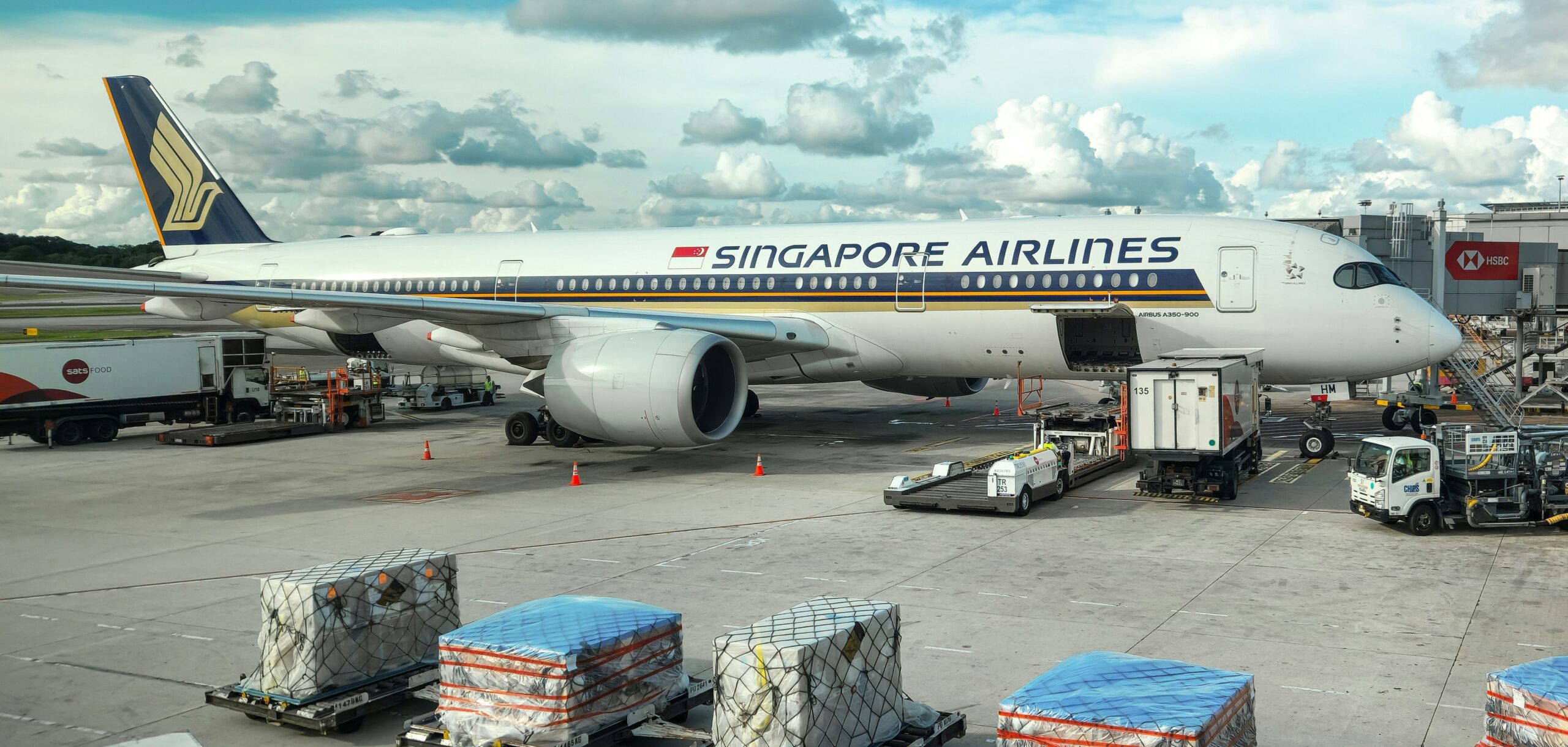 A Singapore Airlines aircraft parked at the terminal gate at Singapore Changi Airport