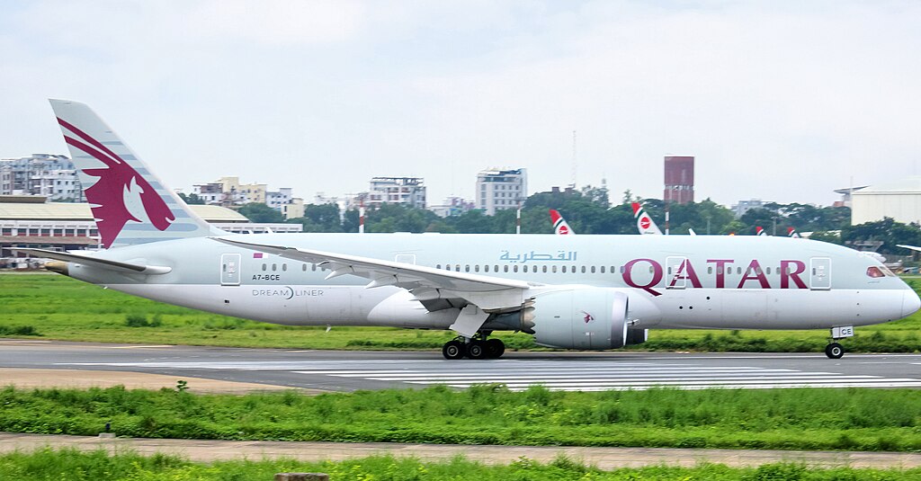Qatar Airways Boeing 787-8 Dreamliner on the ground in front of a grey sky