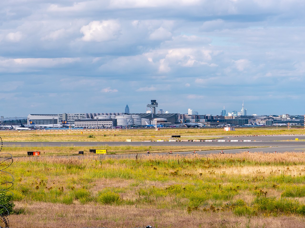 A wide view of Frankfurt Airport shows grassy fields and a runway in the foreground