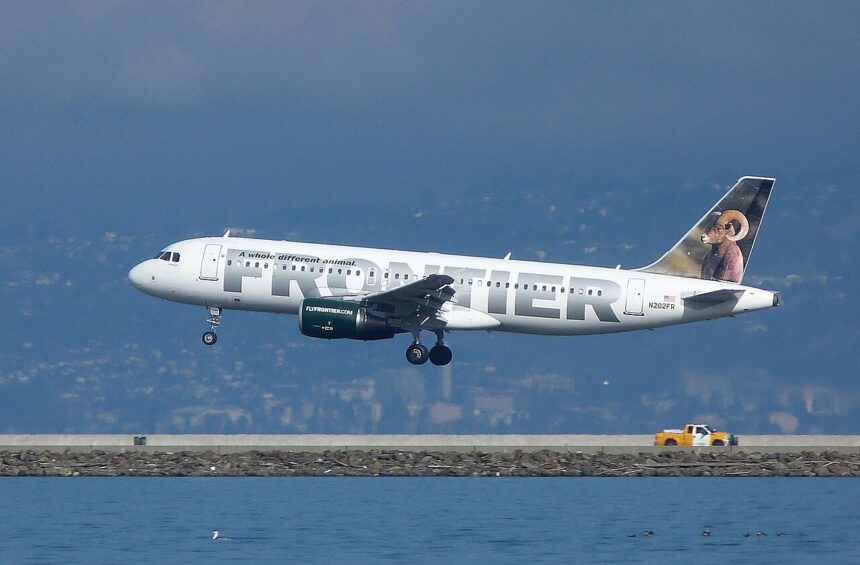 A Frontier Airlines passenger jet in mid-landing descends toward a runway beside a body of water.