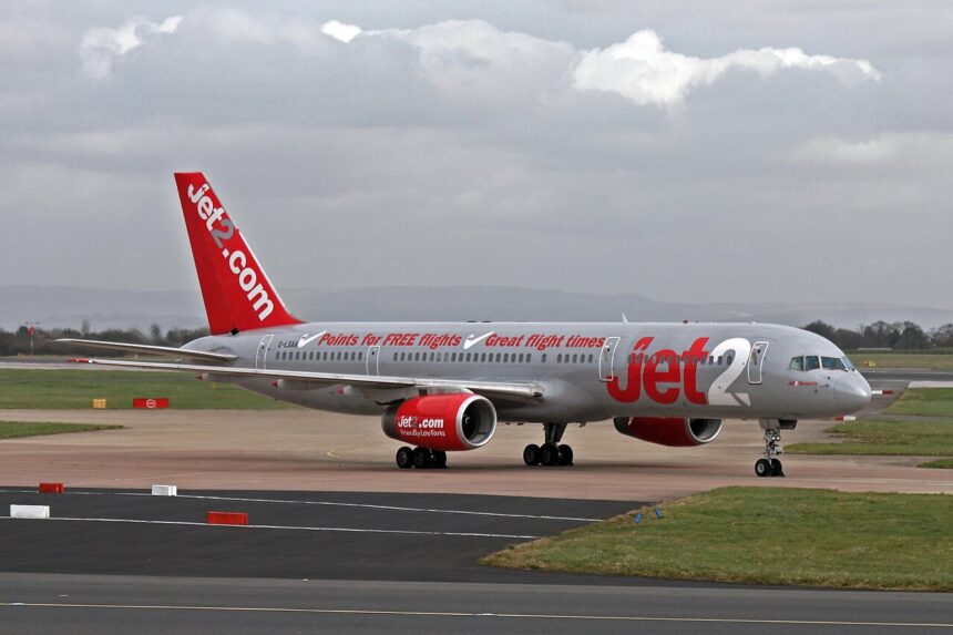 A silver and red commercial jetliner from Jet2 is taxiing on an airport runway under a cloudy sky.