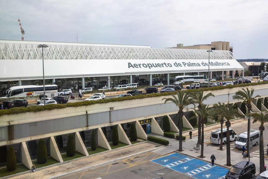 A wide view of a modern airport terminal labeled “Aeropuerto de Palma de Mallorca,” featuring a long white facade topped with a curved, lattice-like roof.
