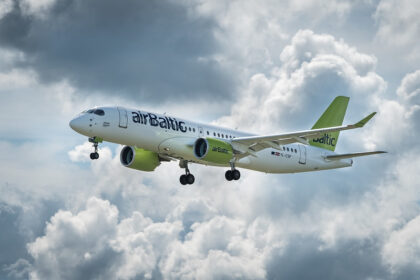airBaltic airbus A220-300 in flight.