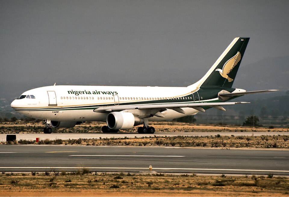 A side-view photograph of a Nigeria Airways Airbus A310 aircraft on an airport taxiway