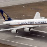 Singapore Airlines Airbus A380, taking off at Zurich airport.
