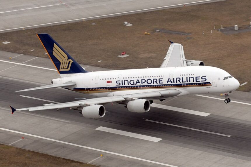 Singapore Airlines Airbus A380, taking off at Zurich airport.