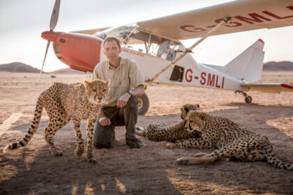 A man crouching beside cheetahs, with a light aircraft in the background.