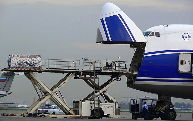 Cargo being loaded into a Boeing 747-200F aircraft