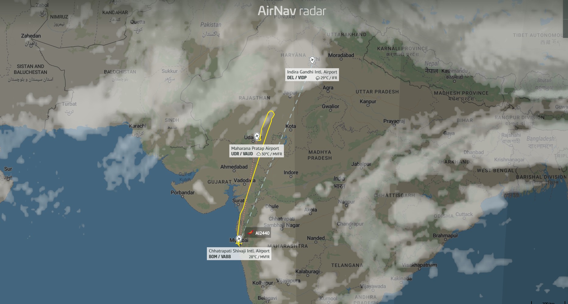 The satellite image shows the flight path of an aircraft