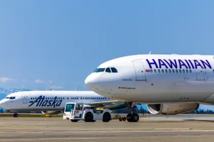 A picture of two planes, Alaska and Hawaiian Airlines