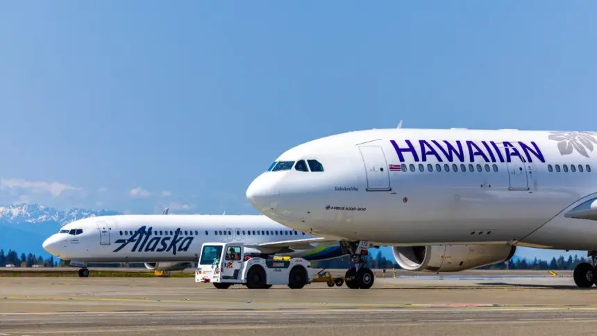 A picture of two planes, Alaska and Hawaiian Airlines