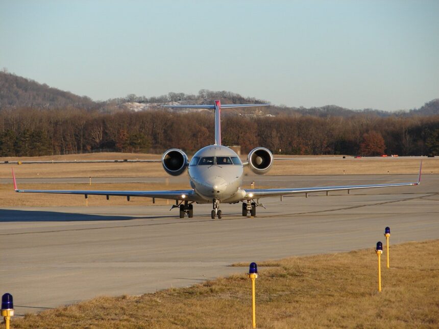Image of CRJ200 from front on runway
