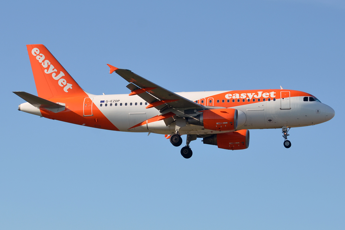 easyJet aircraft, orange and white livery, flying through blue sky.